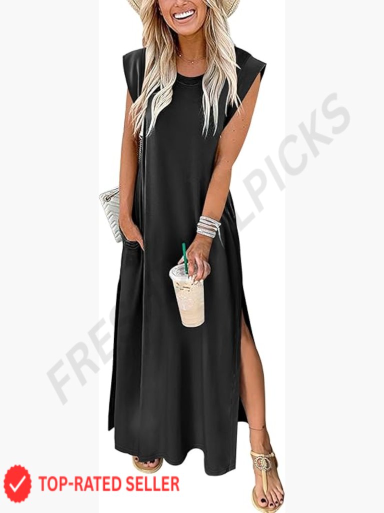 Maxi Sundress Casual Cap Sleeve Loose Fit Split Beach Travel Vacation Outfit